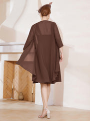 Robe de A-ligne en Mousseline à Encolure Carrée Longueur aux Genoux avec Veste Chocolat Grande Taille
