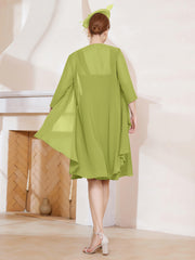 Robe de A-ligne en Mousseline à Encolure Carrée Longueur aux Genoux avec Veste Trèfle Grande Taille