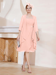 Robe de A-ligne en Mousseline à Encolure Carrée Longueur aux Genoux avec Veste Corail Grande Taille