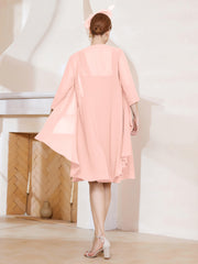 Robe de A-ligne en Mousseline à Encolure Carrée Longueur aux Genoux avec Veste Corail