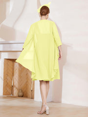 Robe de A-ligne en Mousseline à Encolure Carrée Longueur aux Genoux avec Veste Jonquille