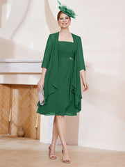Robe de A-ligne en Mousseline à Encolure Carrée Longueur aux Genoux avec Veste Vert Foncé Grande Taille
