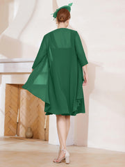 Robe de A-ligne en Mousseline à Encolure Carrée Longueur aux Genoux avec Veste Vert Foncé