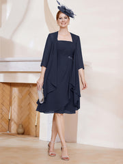 Robe de A-ligne en Mousseline à Encolure Carrée Longueur aux Genoux avec Veste Bleu Marine Grande Taille