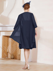 Robe de A-ligne en Mousseline à Encolure Carrée Longueur aux Genoux avec Veste Bleu Marine Grande Taille