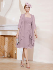 Robe de A-ligne en Mousseline à Encolure Carrée Longueur aux Genoux avec Veste Dusk