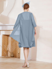 Robe de A-ligne en Mousseline à Encolure Carrée Longueur aux Genoux avec Veste Bleu Poudré