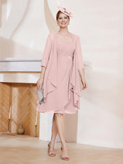 Robe de A-ligne en Mousseline à Encolure Carrée Longueur aux Genoux avec Veste Rose Poudré Grande Taille