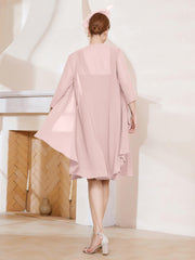 Robe de A-ligne en Mousseline à Encolure Carrée Longueur aux Genoux avec Veste Rose Poudré