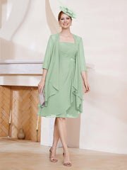 Robe de A-ligne en Mousseline à Encolure Carrée Longueur aux Genoux avec Veste Sauge Poudrée Grande Taille
