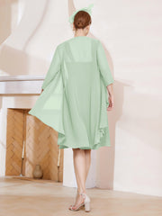 Robe de A-ligne en Mousseline à Encolure Carrée Longueur aux Genoux avec Veste Sauge Poudrée
