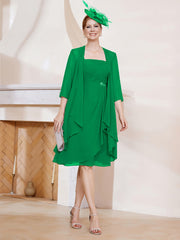 Robe de A-ligne en Mousseline à Encolure Carrée Longueur aux Genoux avec Veste Emeraude