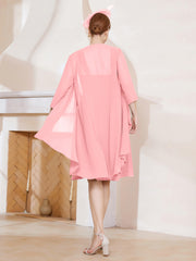 Robe de A-ligne en Mousseline à Encolure Carrée Longueur aux Genoux avec Veste Flamant Grande Taille