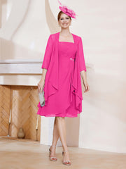 Robe de A-ligne en Mousseline à Encolure Carrée Longueur aux Genoux avec Veste Fuchsia