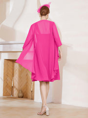 Robe de A-ligne en Mousseline à Encolure Carrée Longueur aux Genoux avec Veste Fuchsia Grande Taille