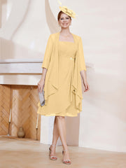 Robe de A-ligne en Mousseline à Encolure Carrée Longueur aux Genoux avec Veste Or Grande Taille