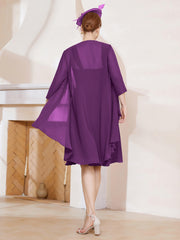 Robe de A-ligne en Mousseline à Encolure Carrée Longueur aux Genoux avec Veste Raisin