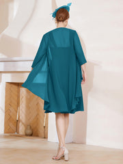 Robe de A-ligne en Mousseline à Encolure Carrée Longueur aux Genoux avec Veste Bleu Encre Grande Taille