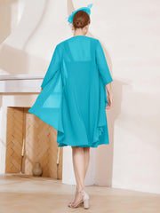 Robe de A-ligne en Mousseline à Encolure Carrée Longueur aux Genoux avec Veste Jade