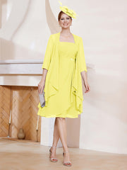 Robe de A-ligne en Mousseline à Encolure Carrée Longueur aux Genoux avec Veste Citron Grande Taille
