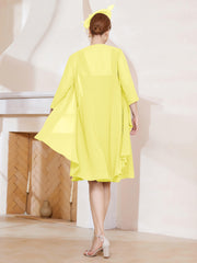 Robe de A-ligne en Mousseline à Encolure Carrée Longueur aux Genoux avec Veste Citron Grande Taille