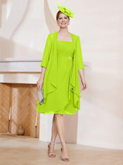 Robe de A-ligne en Mousseline à Encolure Carrée Longueur aux Genoux avec Veste Vert Citron