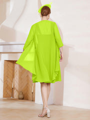 Robe de A-ligne en Mousseline à Encolure Carrée Longueur aux Genoux avec Veste Vert Citron Grande Taille