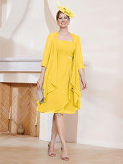 Robe de A-ligne en Mousseline à Encolure Carrée Longueur aux Genoux avec Veste Souci