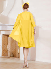 Robe de A-ligne en Mousseline à Encolure Carrée Longueur aux Genoux avec Veste Souci
