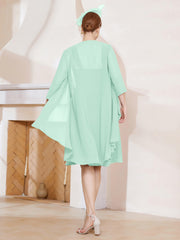 Robe de A-ligne en Mousseline à Encolure Carrée Longueur aux Genoux avec Veste Vert Menthe