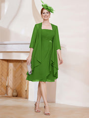 Robe de A-ligne en Mousseline à Encolure Carrée Longueur aux Genoux avec Veste Mousse Grande Taille
