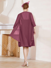 Robe de A-ligne en Mousseline à Encolure Carrée Longueur aux Genoux avec Veste Mûre Grande Taille