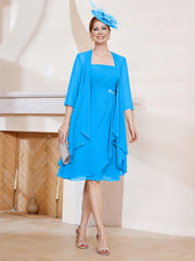 Robe de A-ligne en Mousseline à Encolure Carrée Longueur aux Genoux avec Veste Bleu Océan