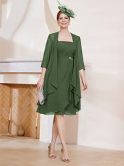 Robe de A-ligne en Mousseline à Encolure Carrée Longueur aux Genoux avec Veste Olive Verte