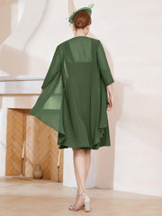 Robe de A-ligne en Mousseline à Encolure Carrée Longueur aux Genoux avec Veste Olive Verte Grande Taille