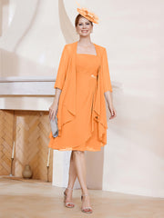 Robe de A-ligne en Mousseline à Encolure Carrée Longueur aux Genoux avec Veste Orange