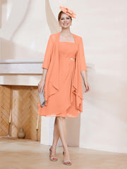 Robe de A-ligne en Mousseline à Encolure Carrée Longueur aux Genoux avec Veste Papaye Grande Taille