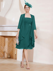 Robe de A-ligne en Mousseline à Encolure Carrée Longueur aux Genoux avec Veste Paon