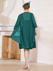 Robe de A-ligne en Mousseline à Encolure Carrée Longueur aux Genoux avec Veste Paon Grande Taille