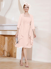 Robe de A-ligne en Mousseline à Encolure Carrée Longueur aux Genoux avec Veste Rose Perle