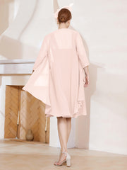 Robe de A-ligne en Mousseline à Encolure Carrée Longueur aux Genoux avec Veste Rose Perle