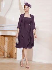 Robe de A-ligne en Mousseline à Encolure Carrée Longueur aux Genoux avec Veste Plum