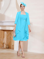 Robe de A-ligne en Mousseline à Encolure Carrée Longueur aux Genoux avec Veste Piscine
