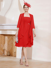 Robe de A-ligne en Mousseline à Encolure Carrée Longueur aux Genoux avec Veste Rouge Grande Taille