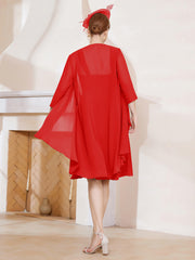 Robe de A-ligne en Mousseline à Encolure Carrée Longueur aux Genoux avec Veste Rouge