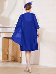 Robe de A-ligne en Mousseline à Encolure Carrée Longueur aux Genoux avec Veste Bleu Royale