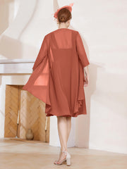 Robe de A-ligne en Mousseline à Encolure Carrée Longueur aux Genoux avec Veste Rouille Grande Taille