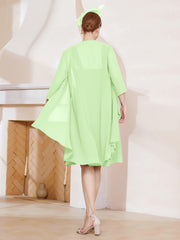 Robe de A-ligne en Mousseline à Encolure Carrée Longueur aux Genoux avec Veste Sauge Grande Taille