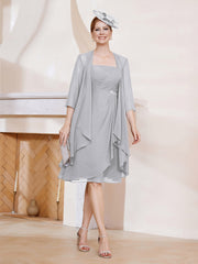 Robe de A-ligne en Mousseline à Encolure Carrée Longueur aux Genoux avec Veste Argent Grande Taille
