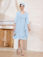Robe de A-ligne en Mousseline à Encolure Carrée Longueur aux Genoux avec Veste Bleu Ciel Grande Taille